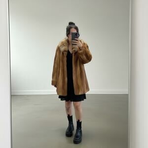 Vintage Mob Wife Golden Honey Brown Fur Coat with Large Collar Women's Outerwear